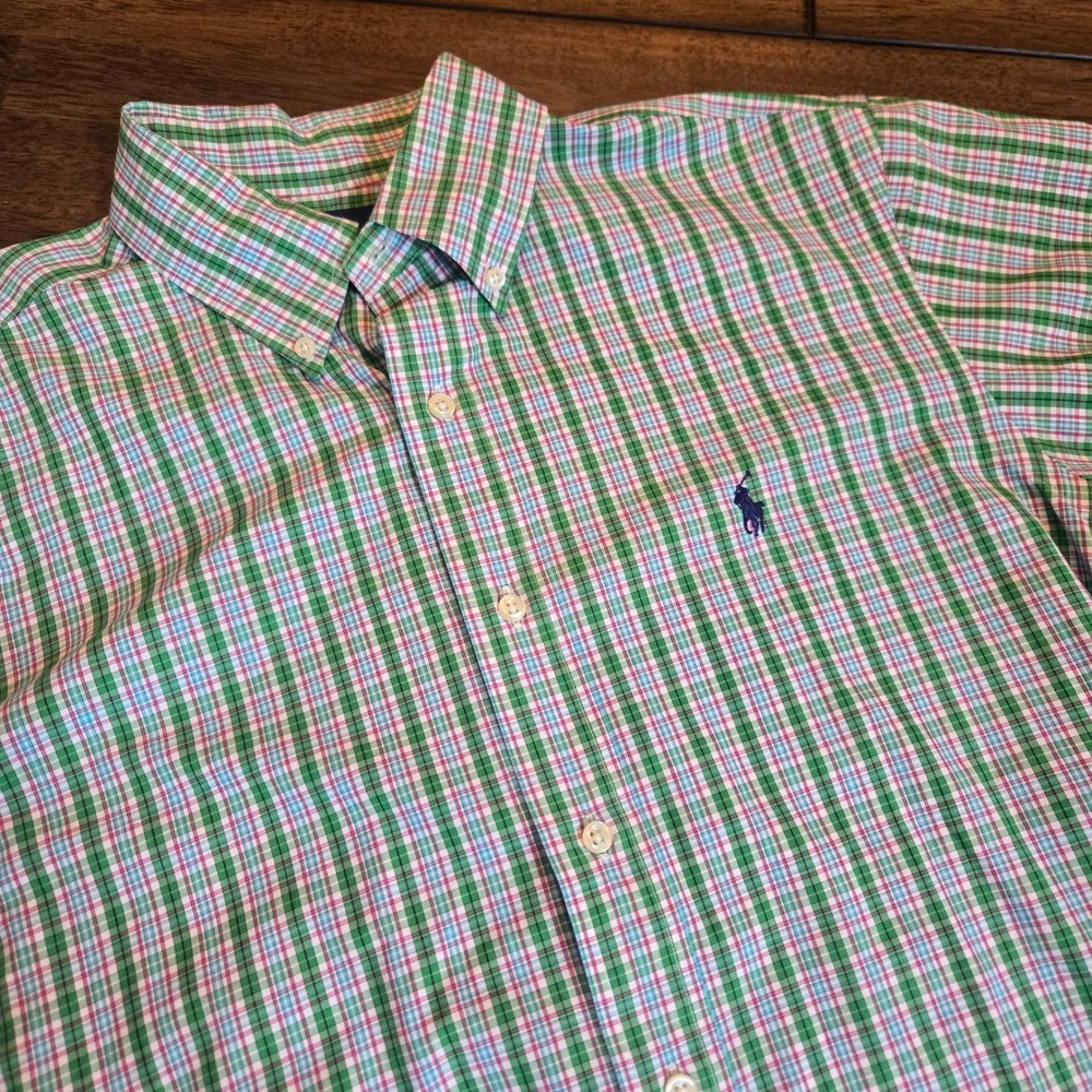 Ralph Lauren Mens Classic Fit Plaid Button Down Shirt Green Pink Blue Size M